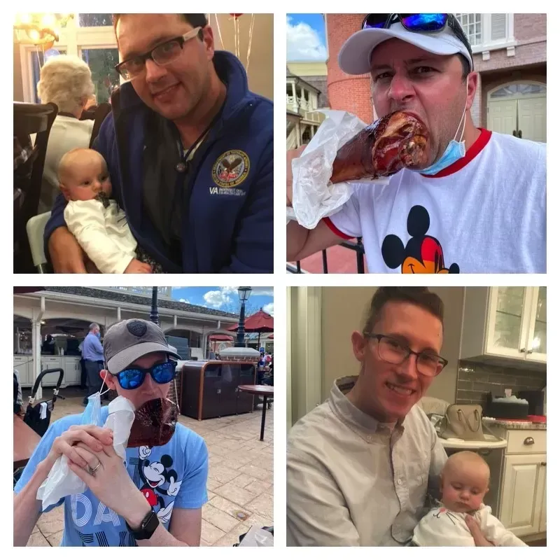 Four photos of a man with a baby and eating various foods in different locations.