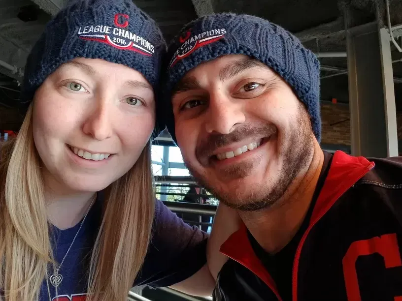 A couple wearing blue