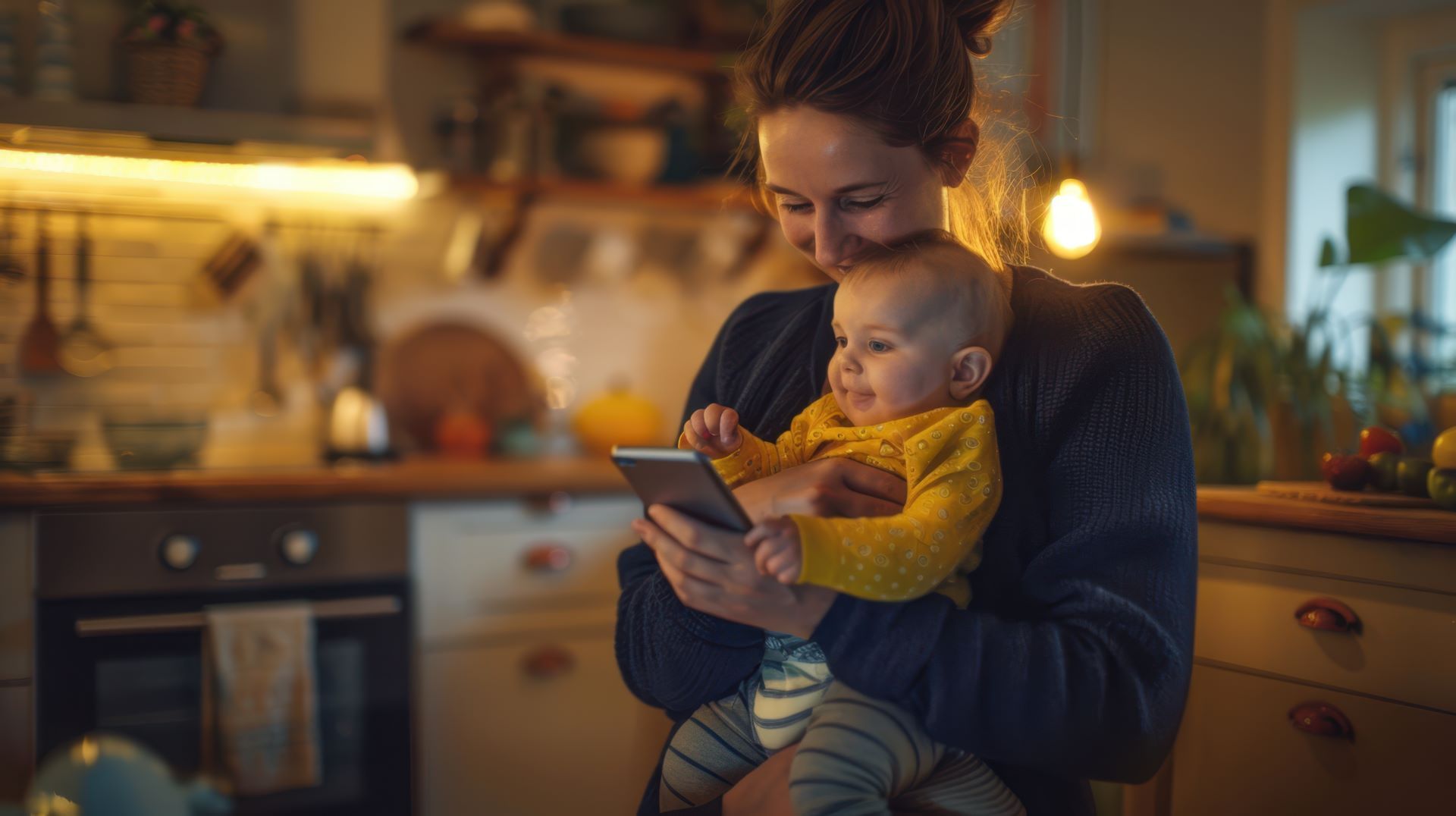 Woman holding baby looking at tablet in a warm, lit kitchen. Baby smiles, woman smiles.