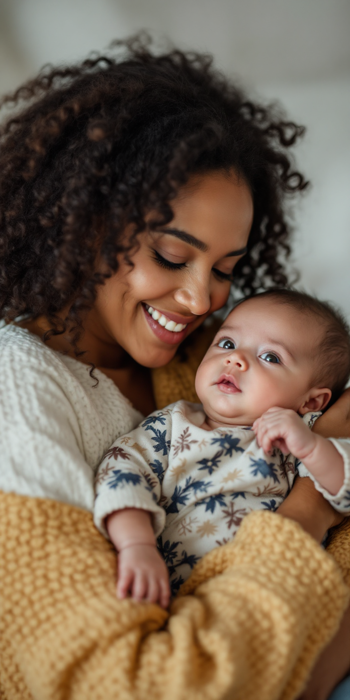 Smiling woman with curly hair holds a baby wrapped in a yellow blanket.