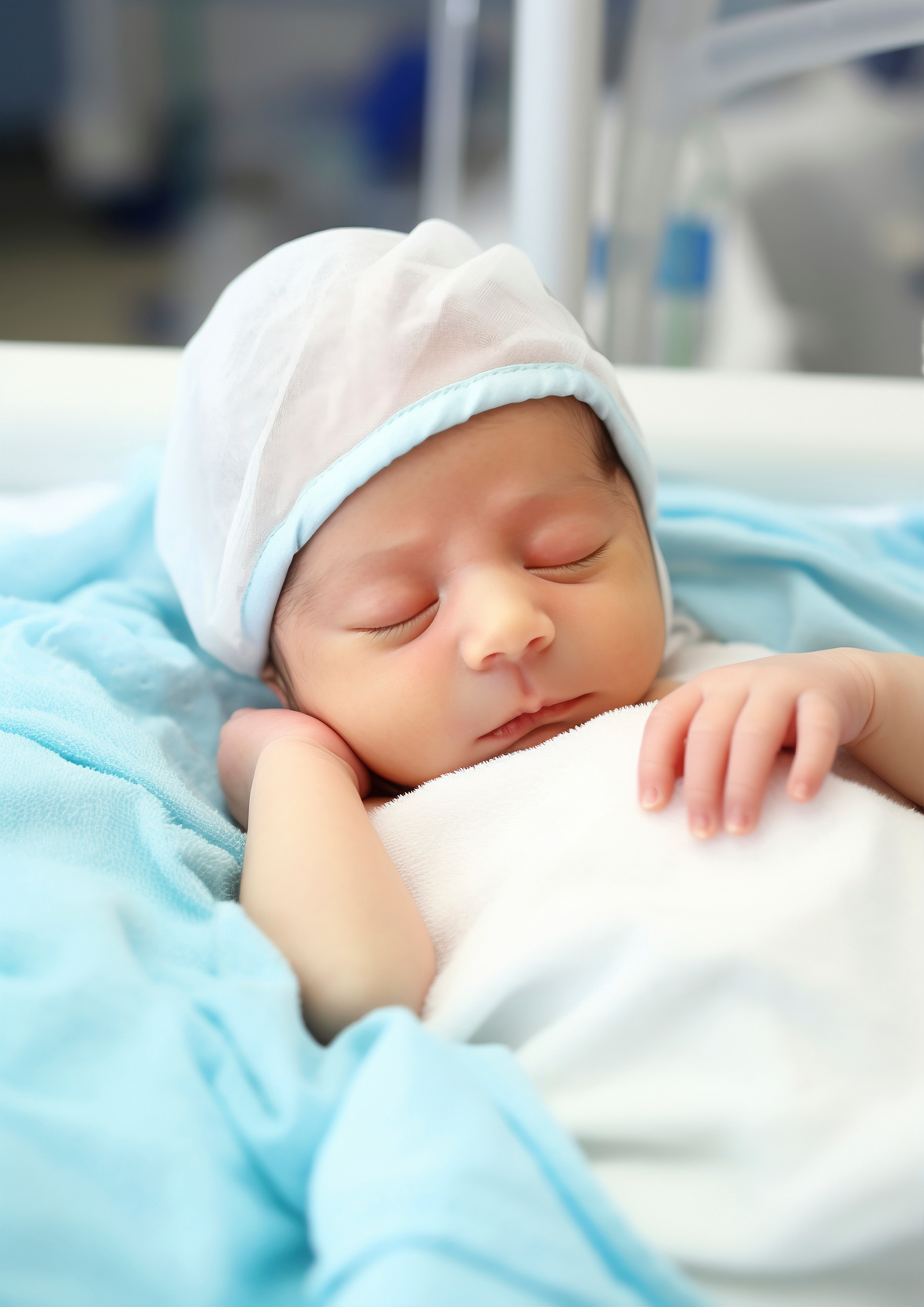 Newborn baby sleeping, wearing a white hat, wrapped in a blue blanket.