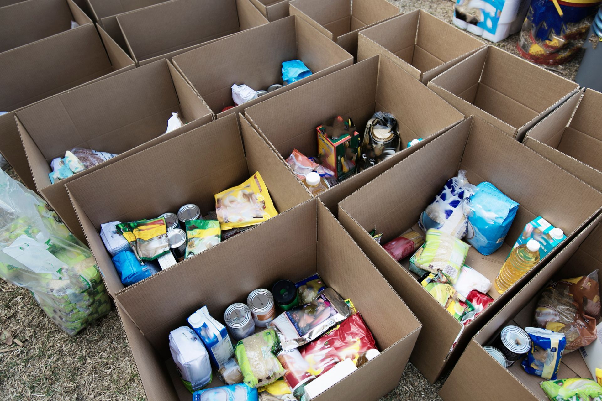 A bunch of cardboard boxes filled with different types of food