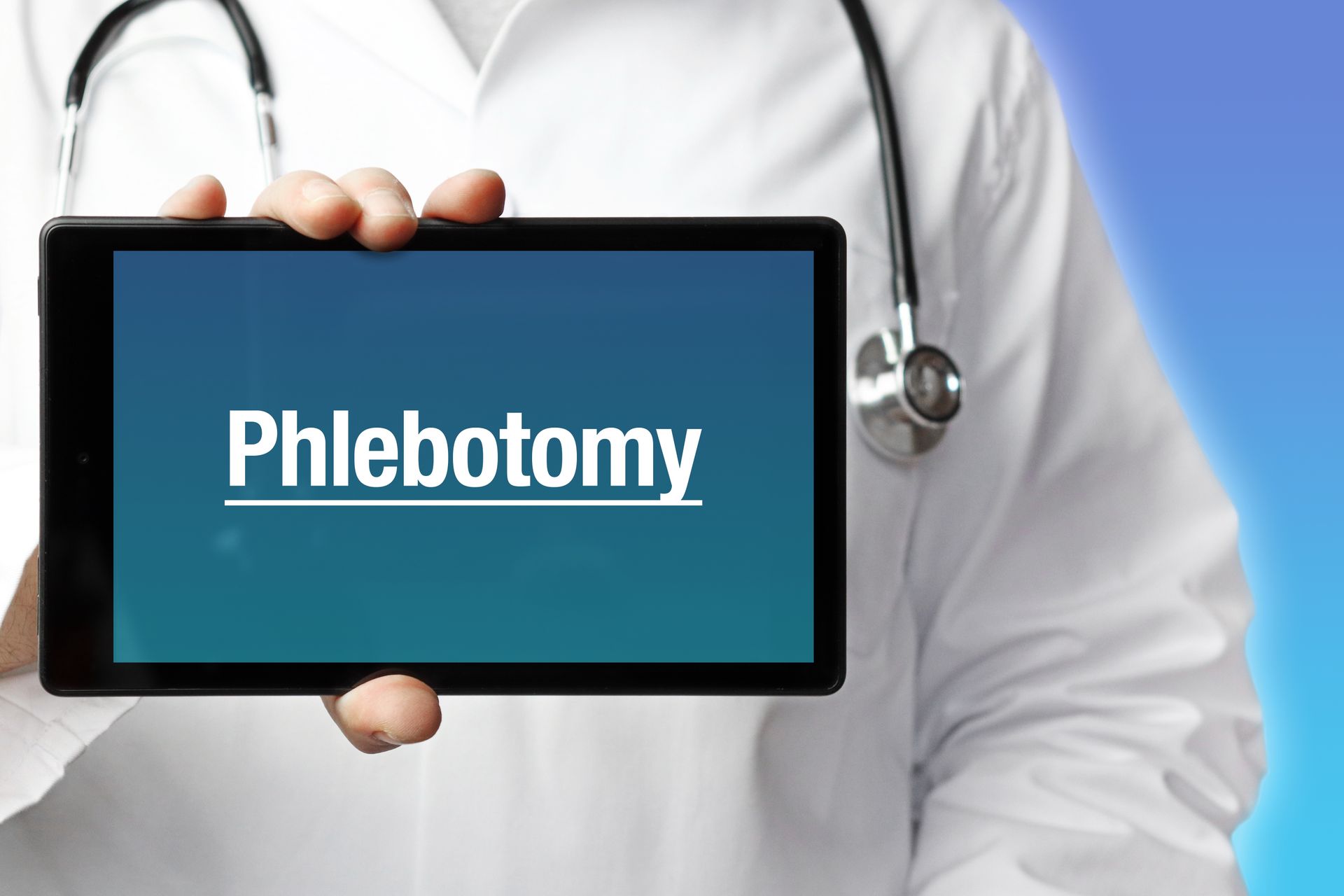 a doctor is holding a tablet with the word phlebotomy on it