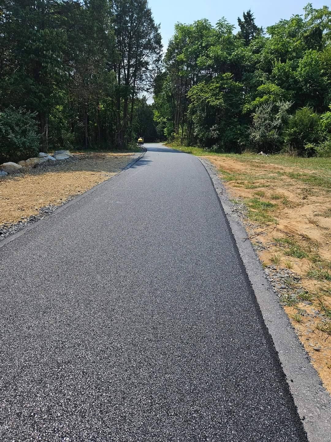 Asphalt path through a wooded area, bordered by dirt and grass.