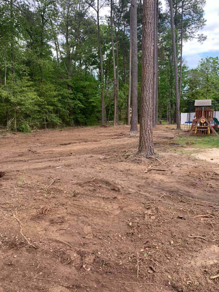 A dirt field with trees and a playground in the background.