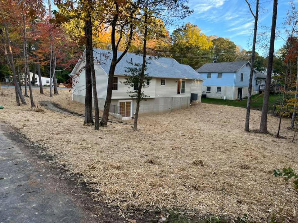 A house is sitting in the middle of a lush green field surrounded by trees.