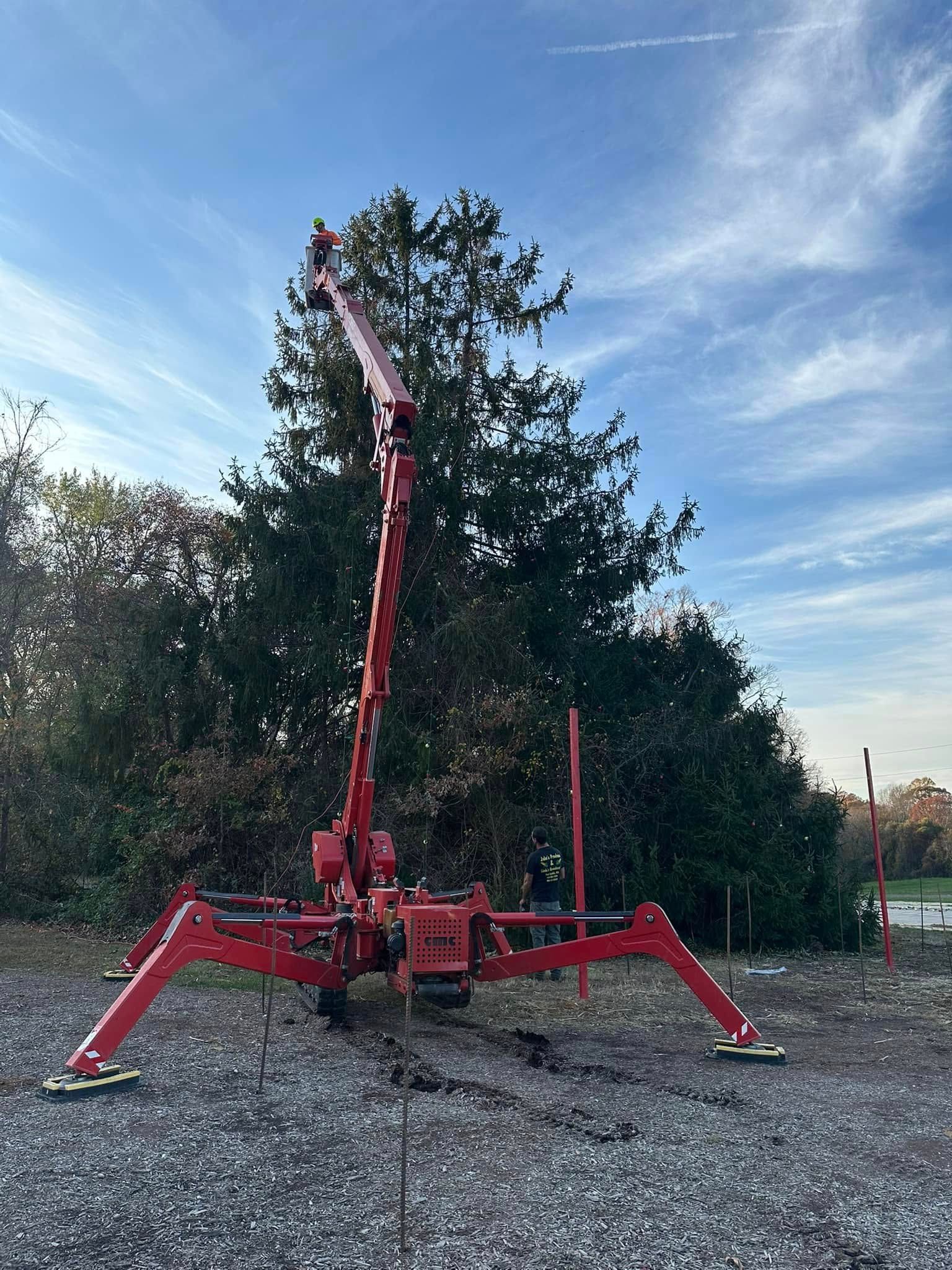 A red crane is sitting is lifting a man in a bucket to top a tree with a star.
