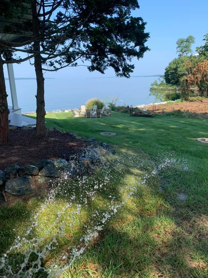 A sprinkler is spraying water on a sod installation on waterfront property.