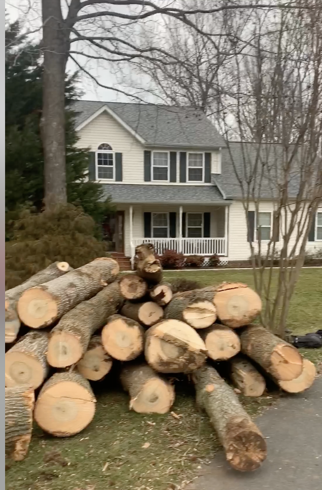 A pile of logs in front of a house