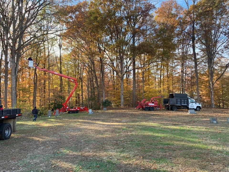 A truck is parked in a field next to a crane in the woods.