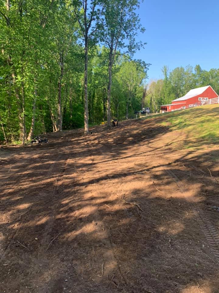 A dirt road leading to a red barn in the woods.