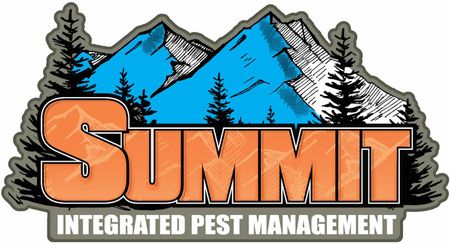 A logo for summit integrated pest management with a mountain and trees