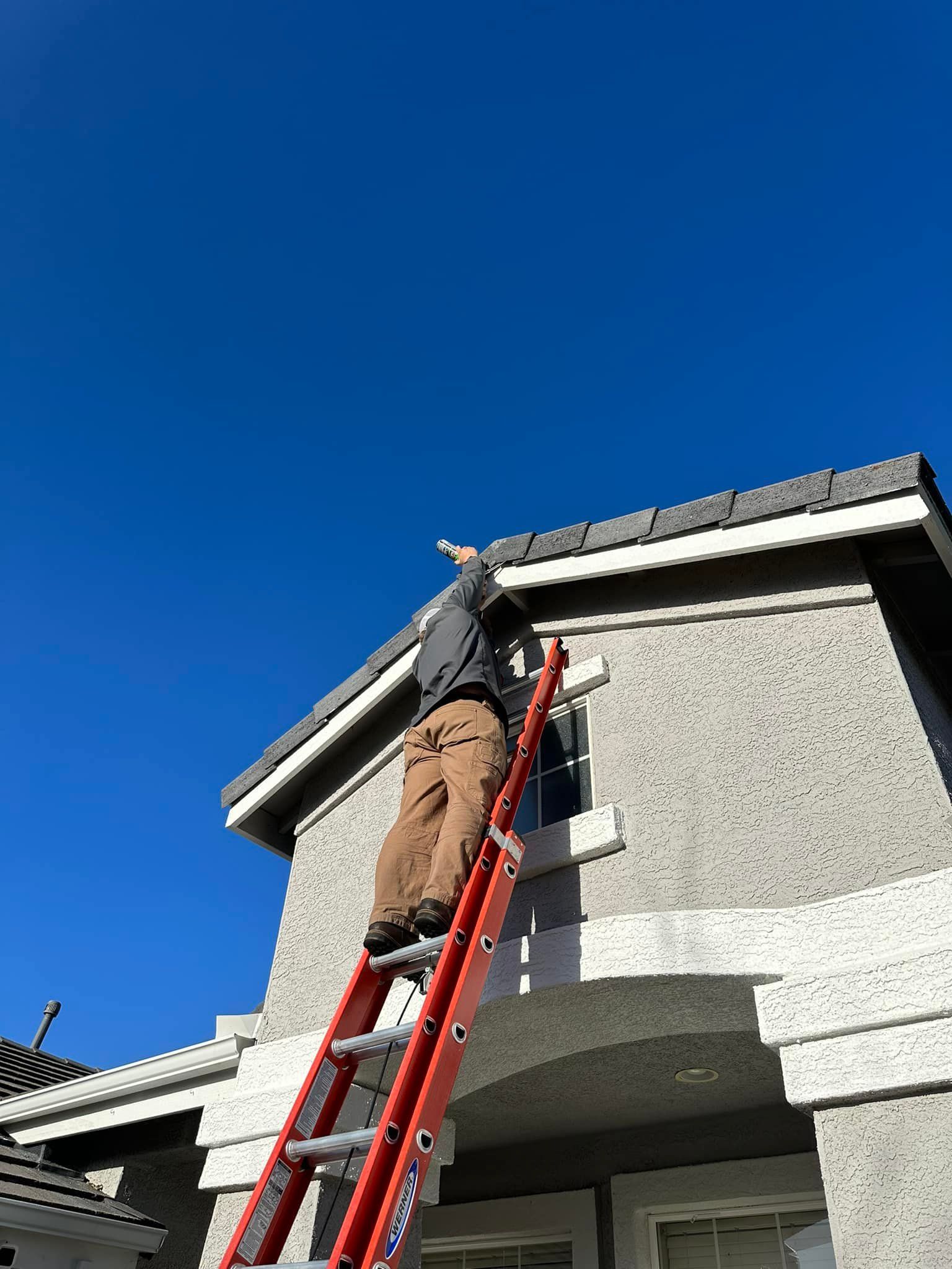 A man is standing on a ladder on top of a house.