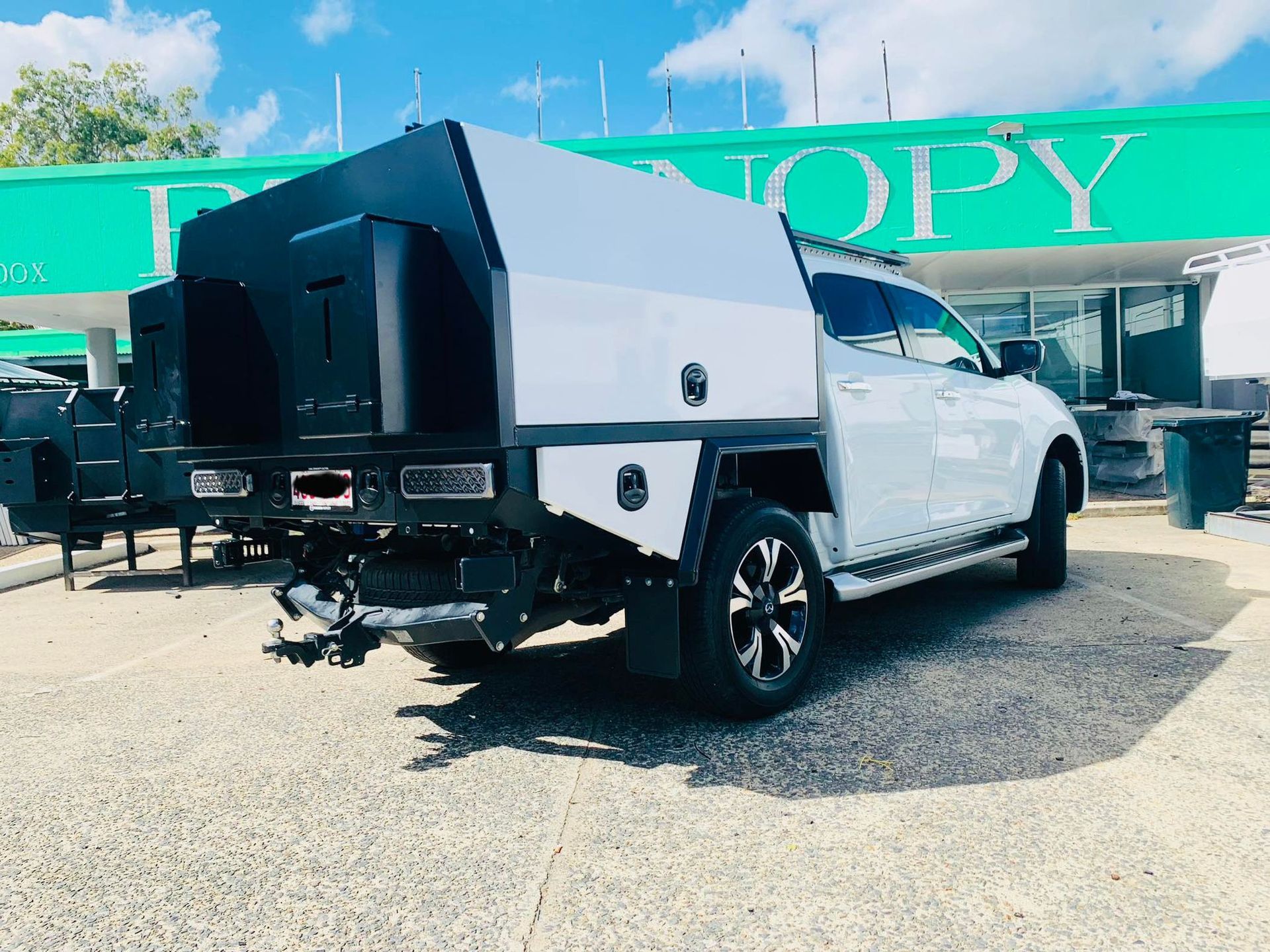 White Pickup Truck With a Black Canopy Parked in Front of Pt Canopy — PT Canopy In Slacks Creek, QLD