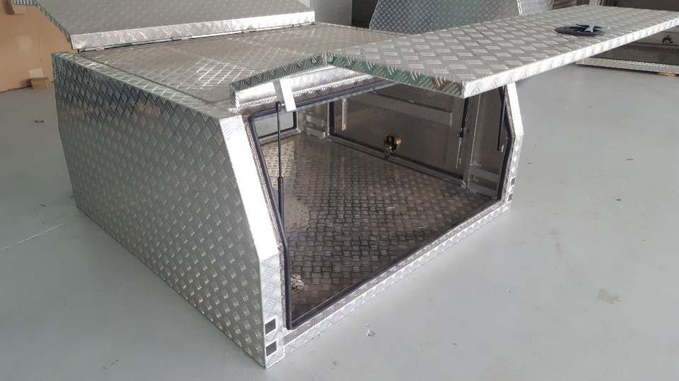 Diamond-Plated Aluminum Truck Bed Canopy With Open Side Door and Top Lid — PT Canopy In Slacks Creek, QLD