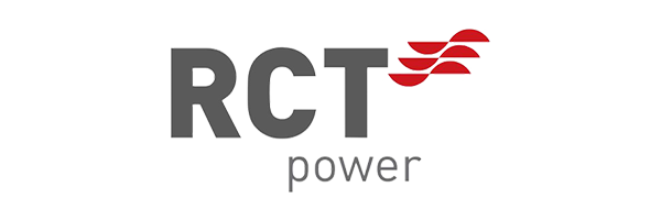 Op een witte achtergrond wordt een logo voor rct power getoond.