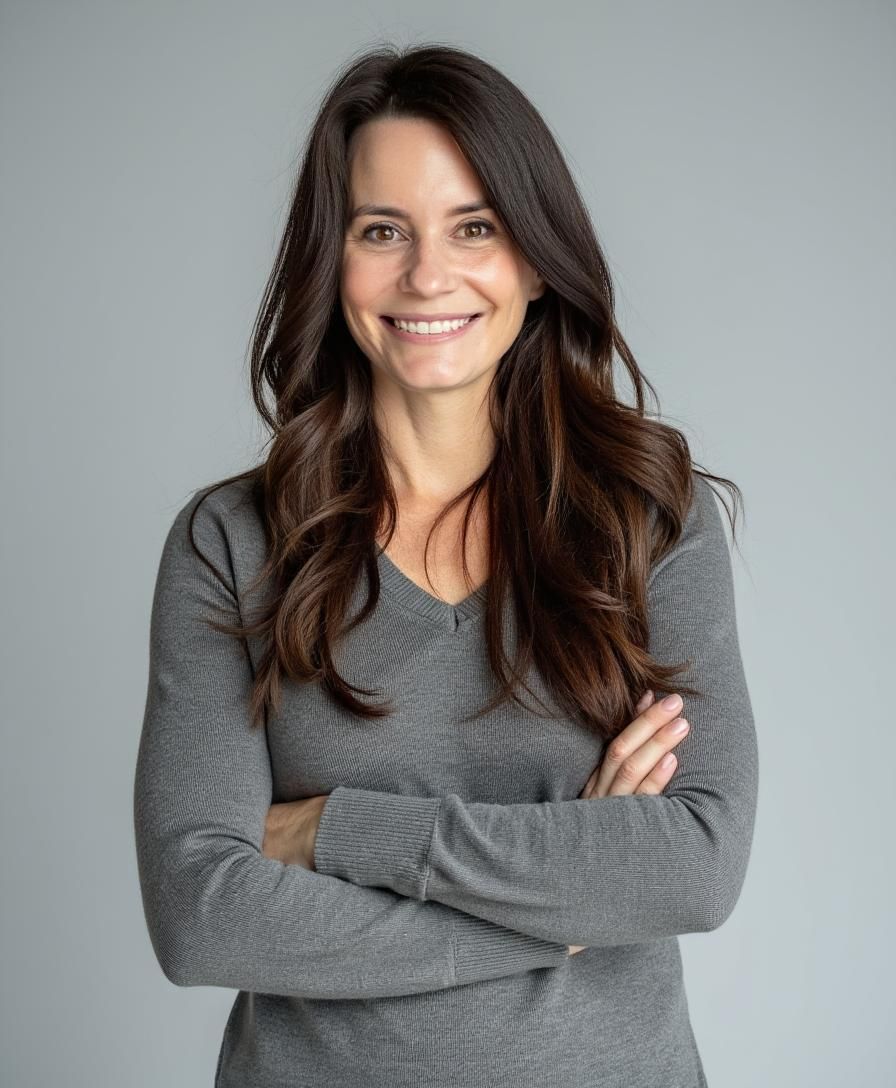 Woman with long dark hair, smiling with arms crossed, wearing a gray sweater.