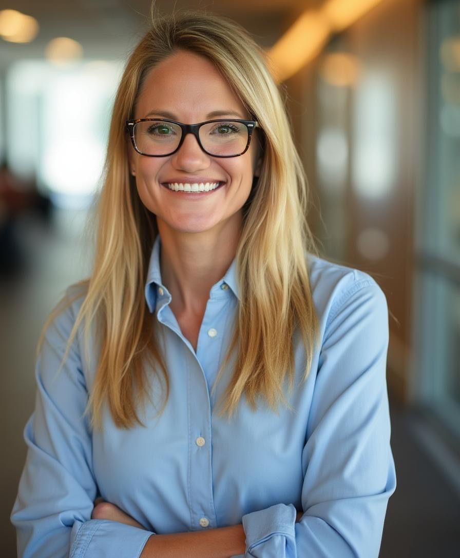 Woman with blonde hair, glasses, and a blue shirt smiling, arms crossed, indoors.