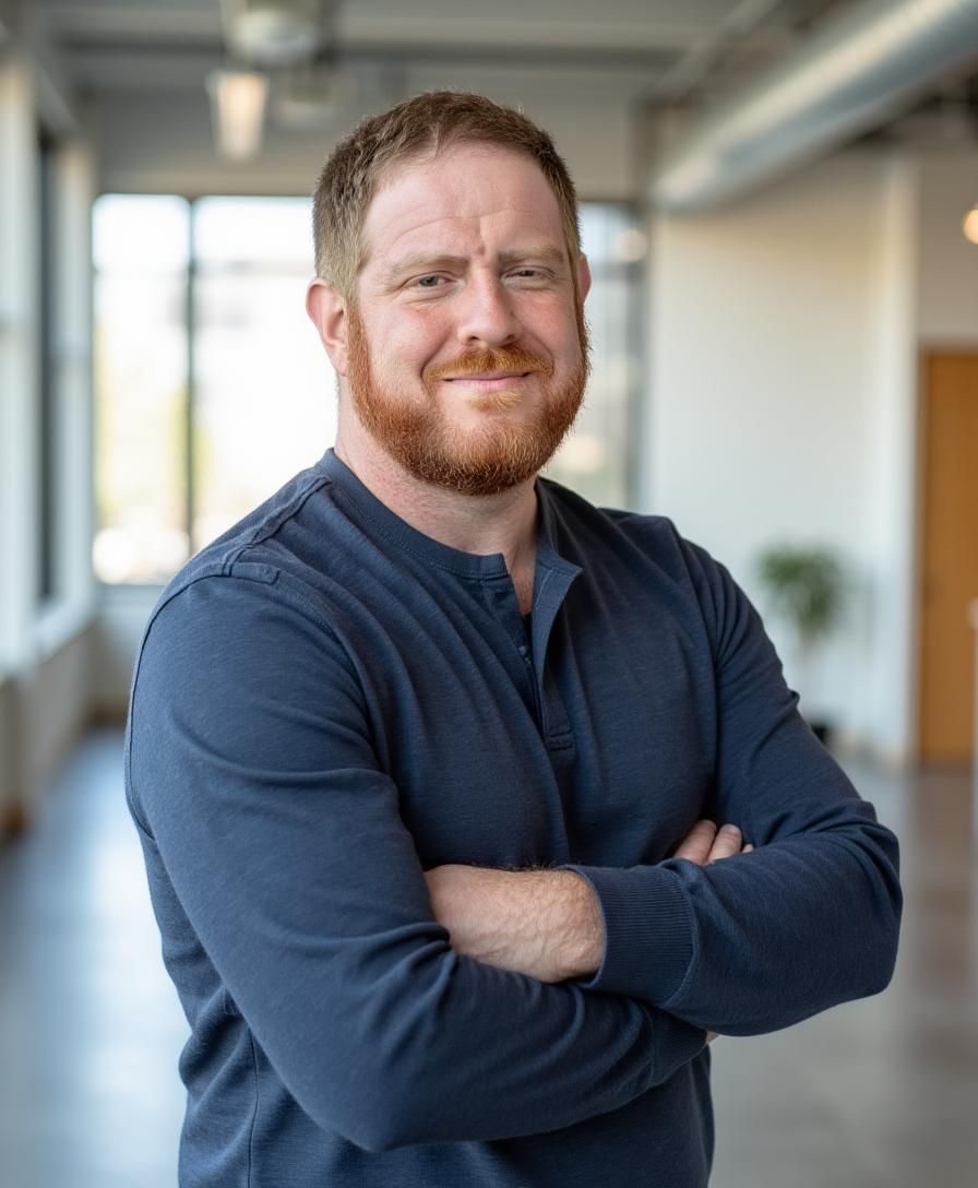 Man with red beard, arms crossed, smiling in a brightly lit hallway. He is wearing a blue long-sleeved shirt.