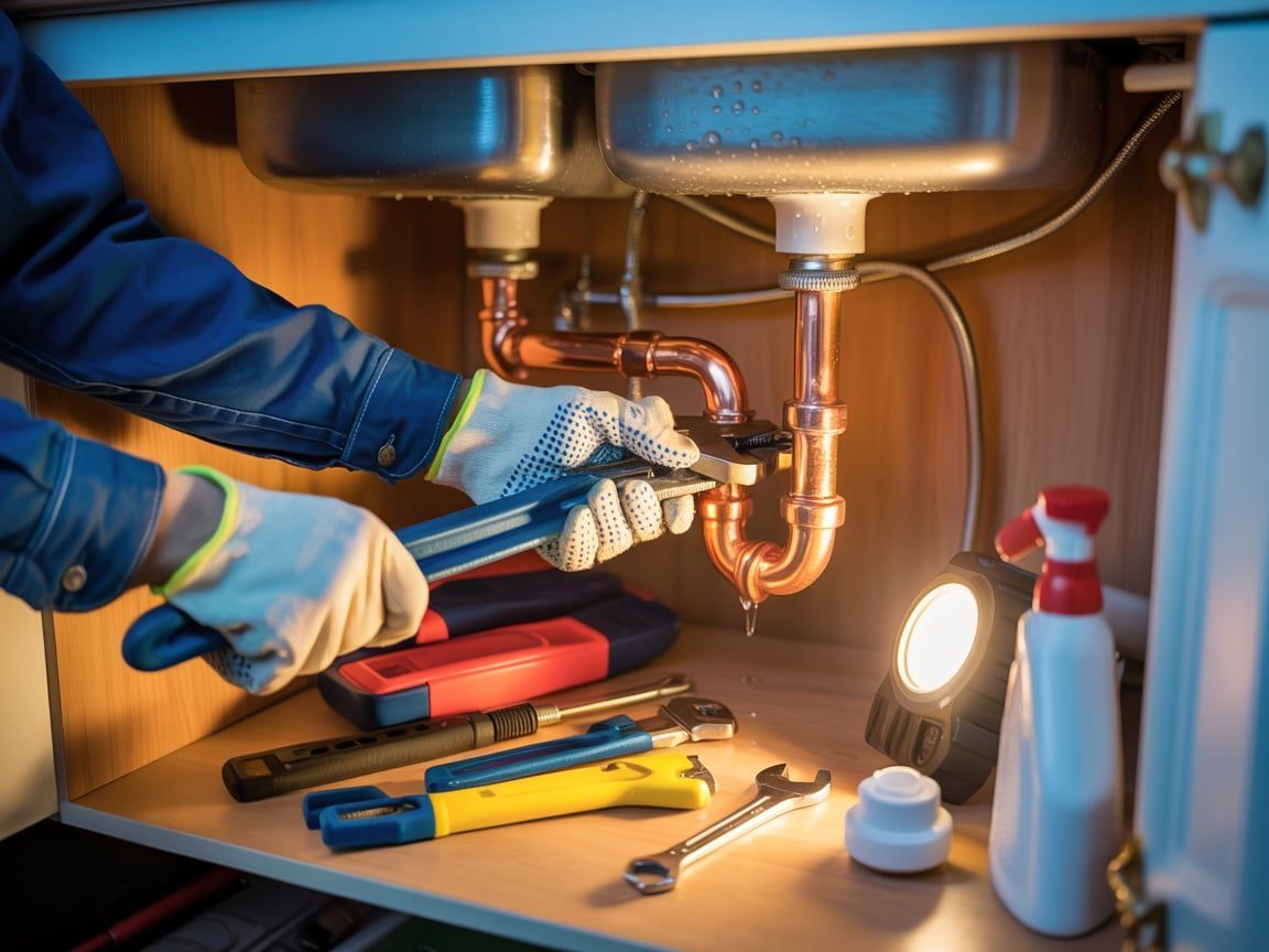 Plumber with wrench repairs kitchen sink plumbing, under cabinet with tools and light.
