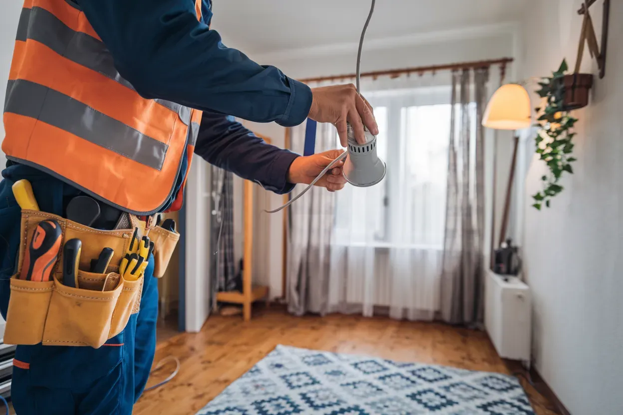 Electrician in orange vest and tool belt wiring a lightbulb in a room.
