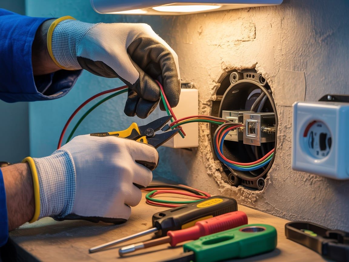 Electrician working on wiring inside a wall. Using pliers and wearing gloves, tools are visible.