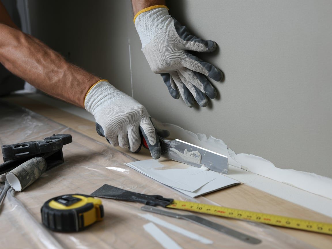 Person applying sealant with a putty knife near a wall and floor, tools visible.