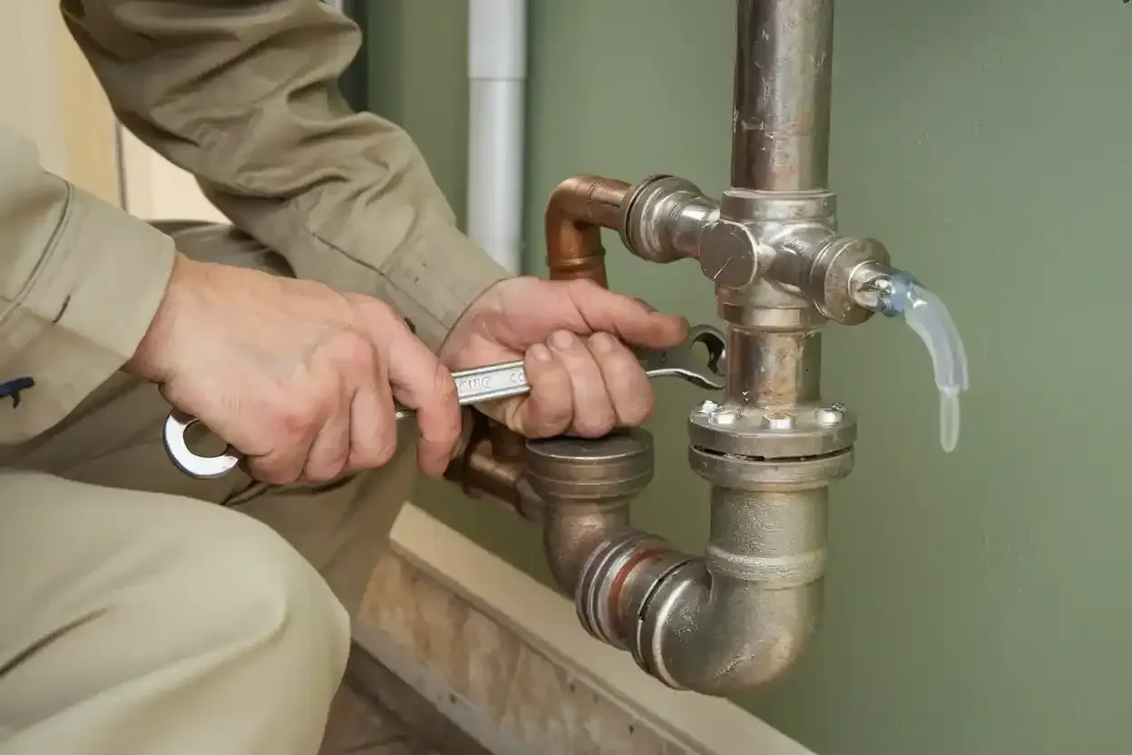 Plumber using a wrench on pipes. Copper and silver pipes in a room. Water leaking from a pipe.