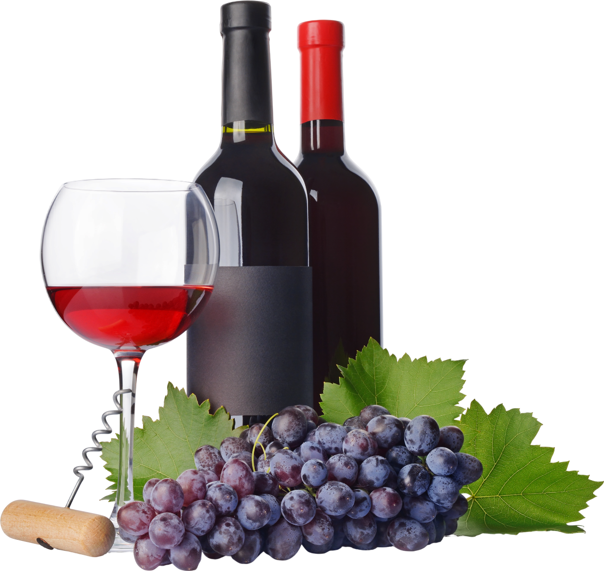 Red wine in a glass with bottles