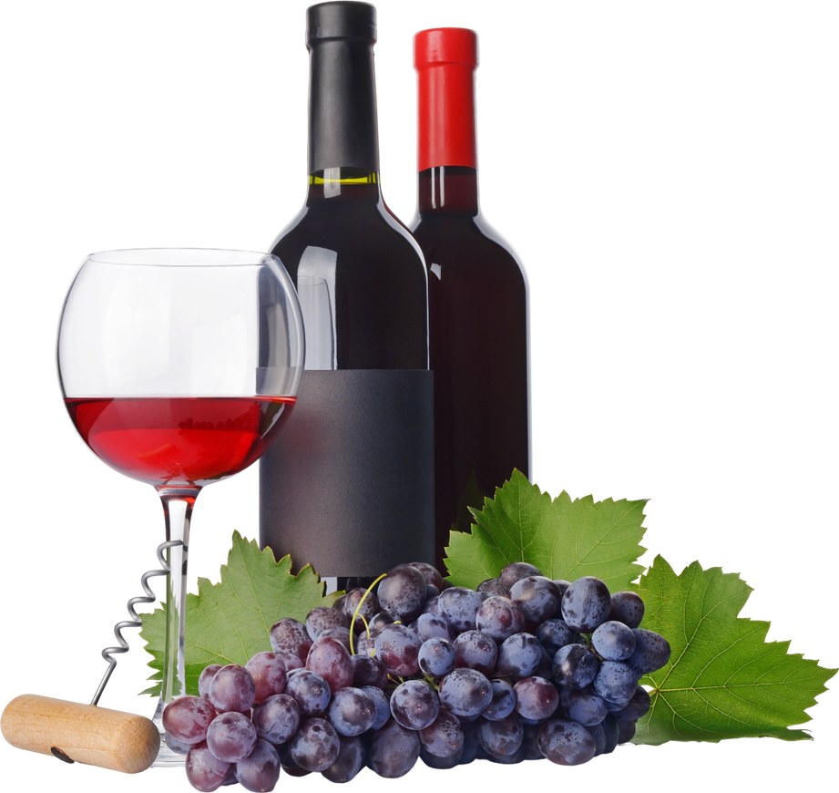 Red wine in a glass with bottles