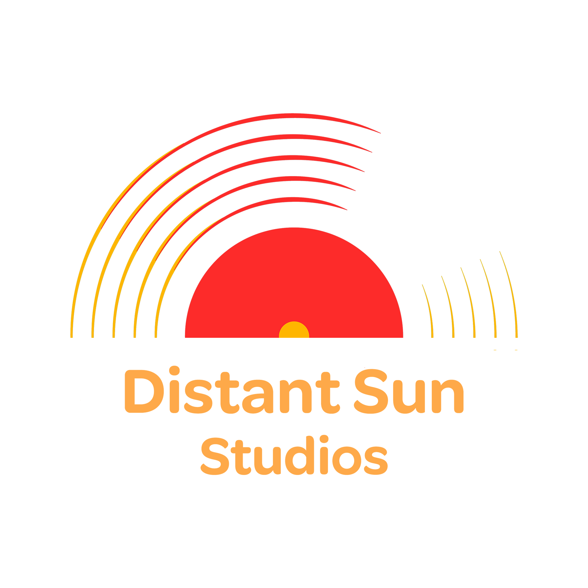 A logo for distant sun studios with a red sun in the center