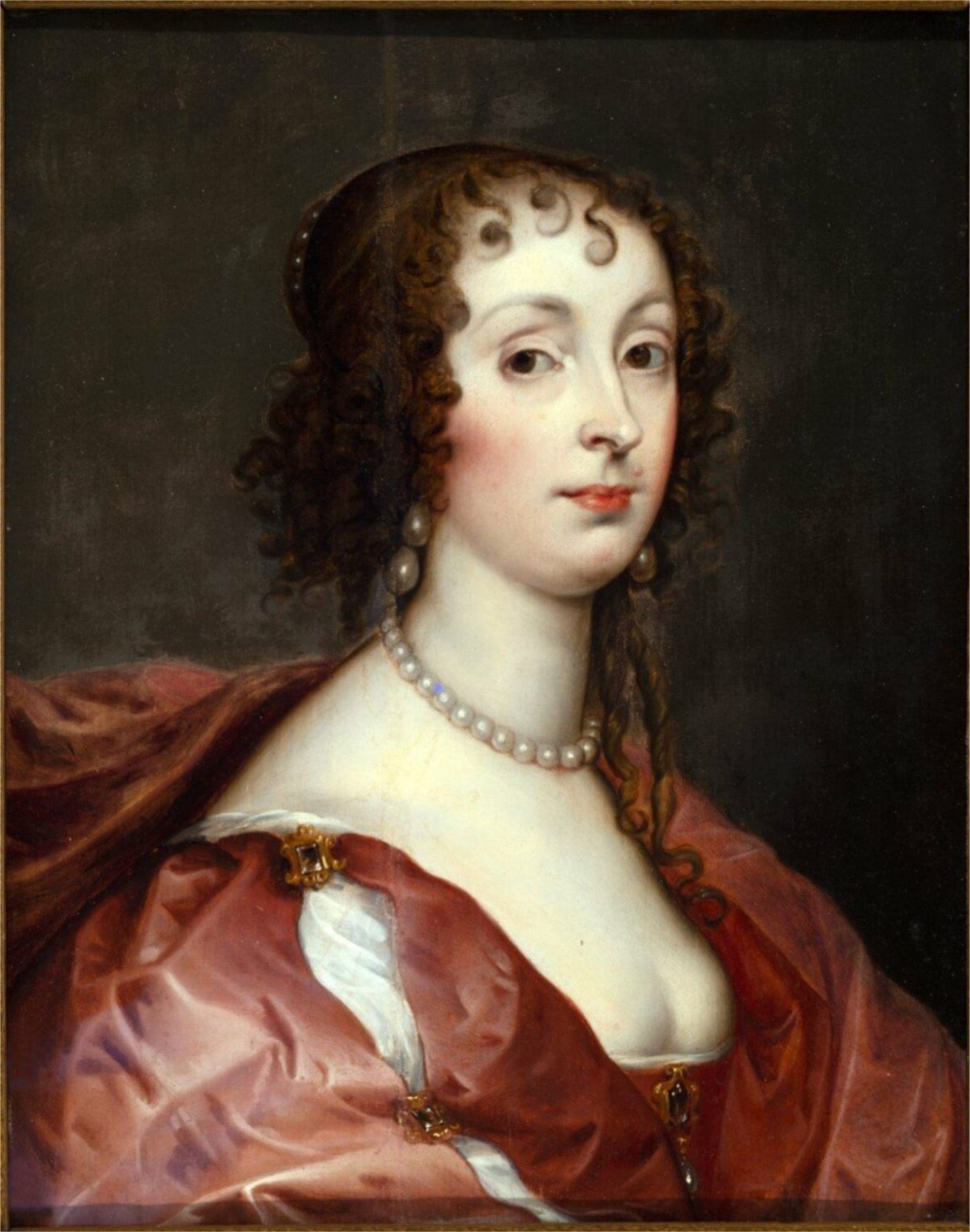 A painting of a woman wearing a red dress and a pearl necklace