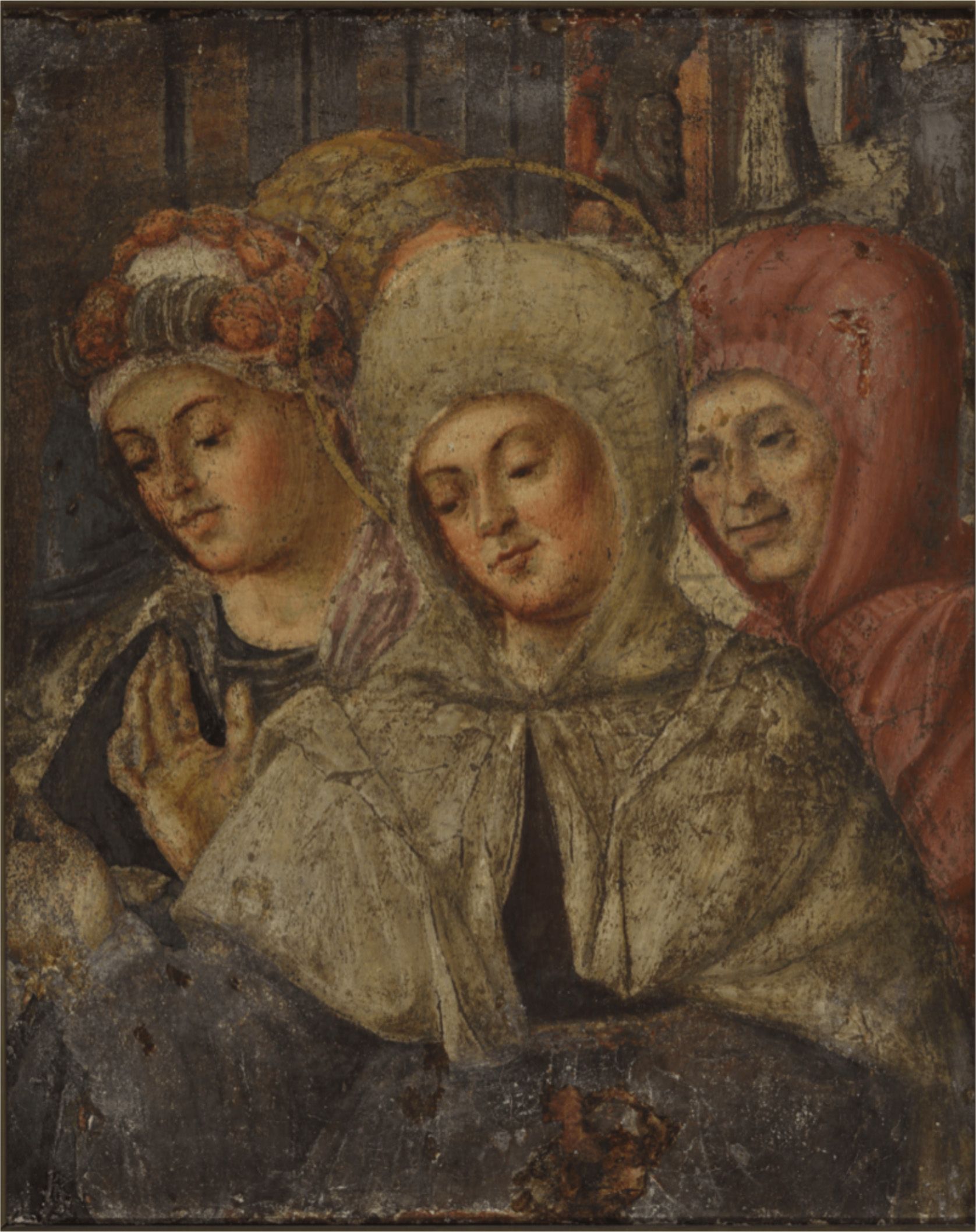 A painting of a group of people standing next to each other.