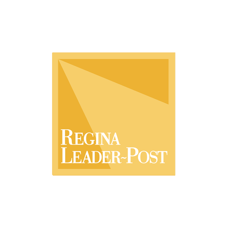 Regina Leader-Post logo: Text in white, inside a yellow square with a diagonal light-colored stripe.