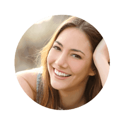 A woman is smiling in a circle on a white background