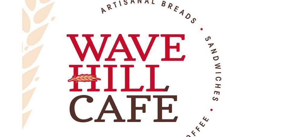 A logo for wave hill cafe with a wheat ear in the background