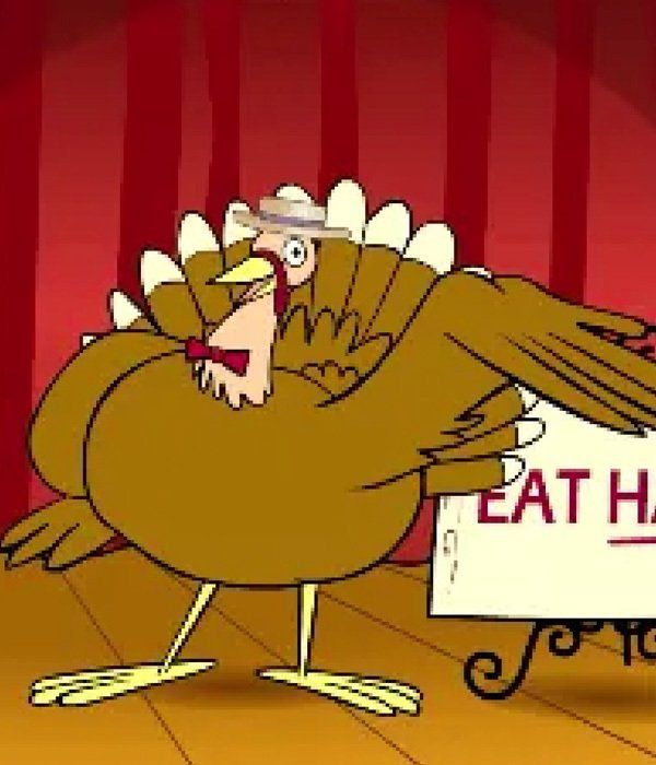 A cartoon turkey is holding a sign that says `` eat happy ''.