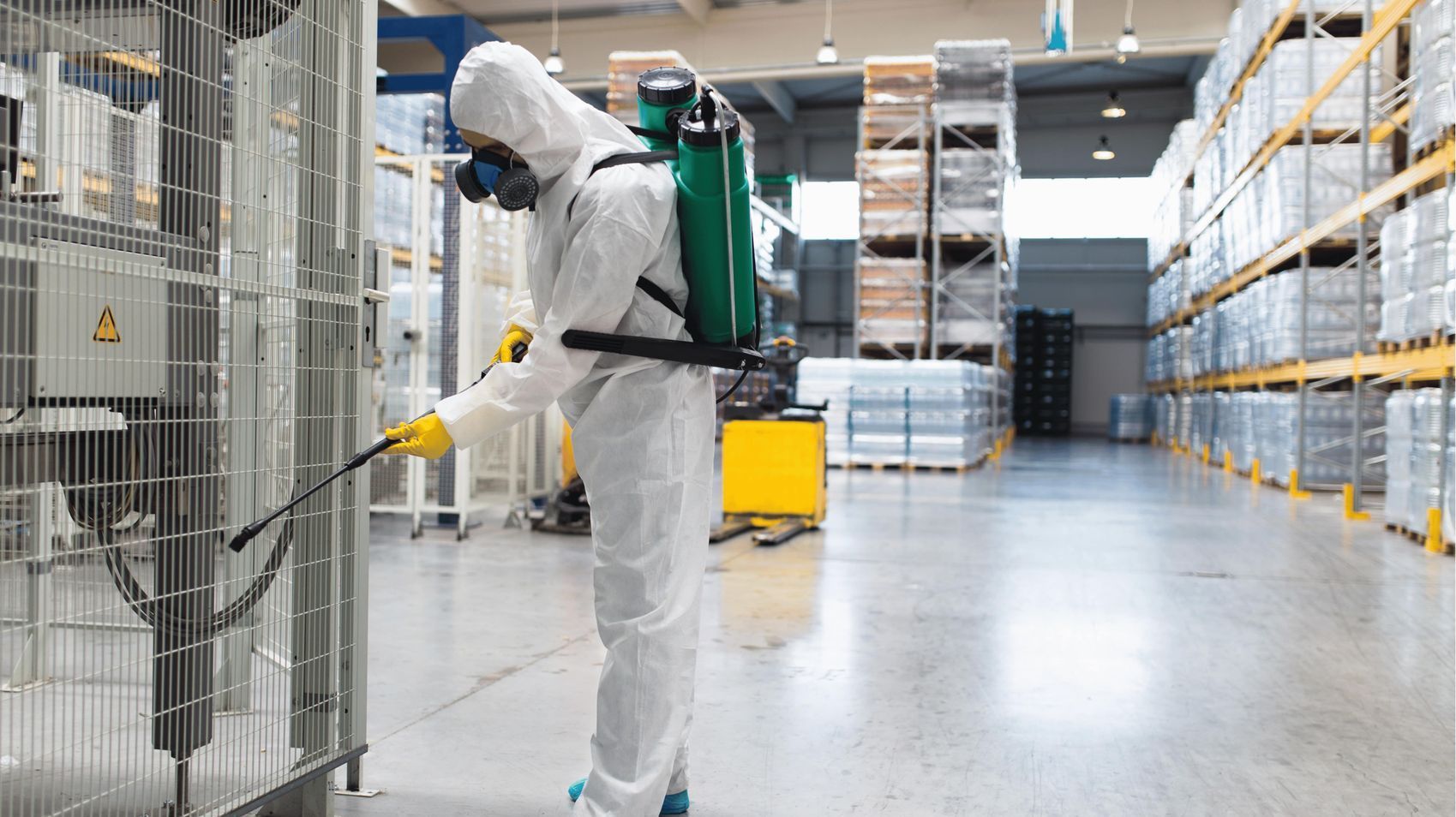 A pest control professional in protective gear applying treatment in a commercial warehouse, showcasing effective commercial pest control services 