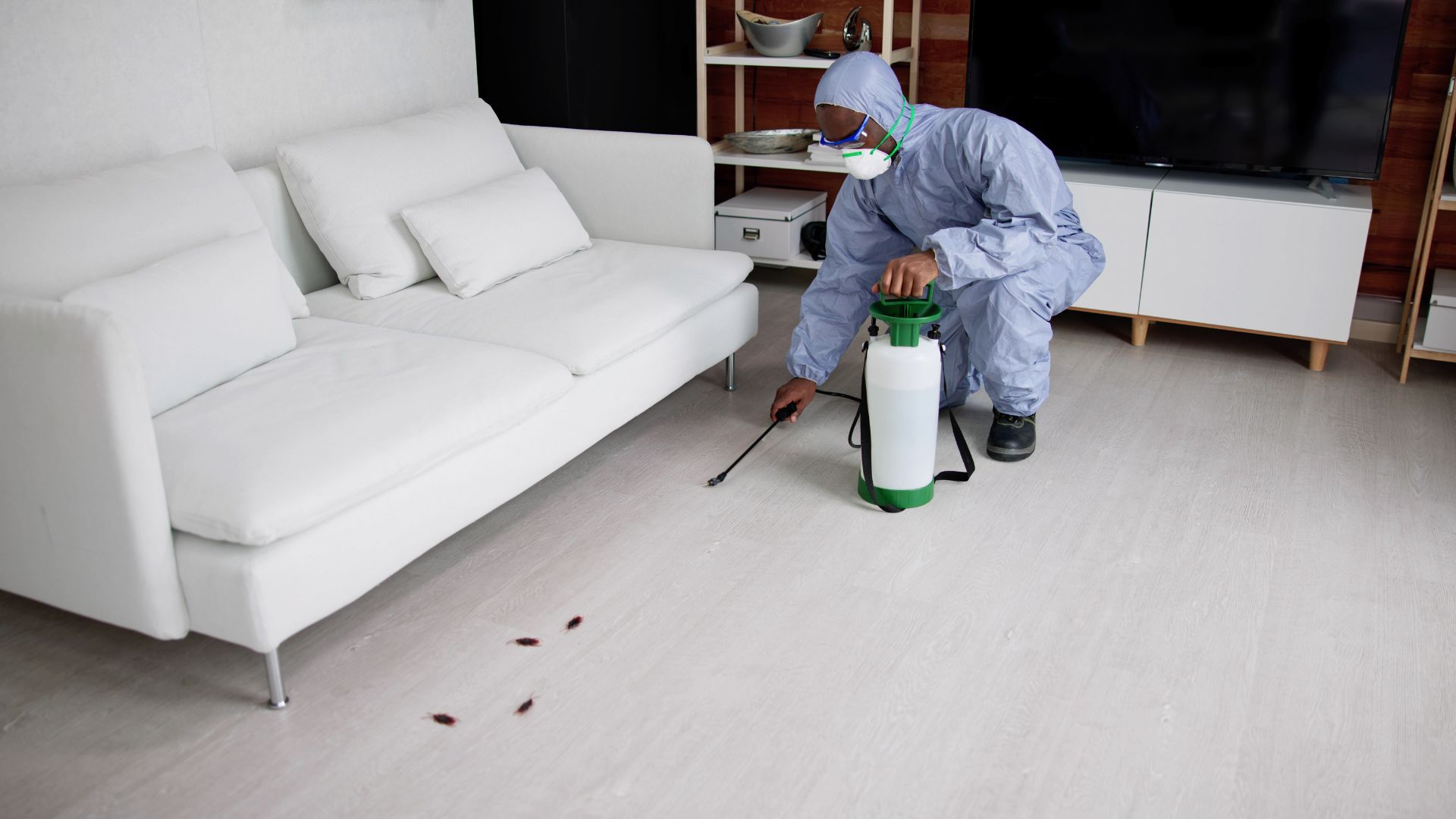 A pest control professional in protective gear using a pesticide sprayer to treat a residential living room for cockroach infestation