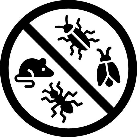 Black and white icon with a crossed-out circle over illustrations of a mouse, ant, cockroach, and beetle, symbolizing pest control and prevention