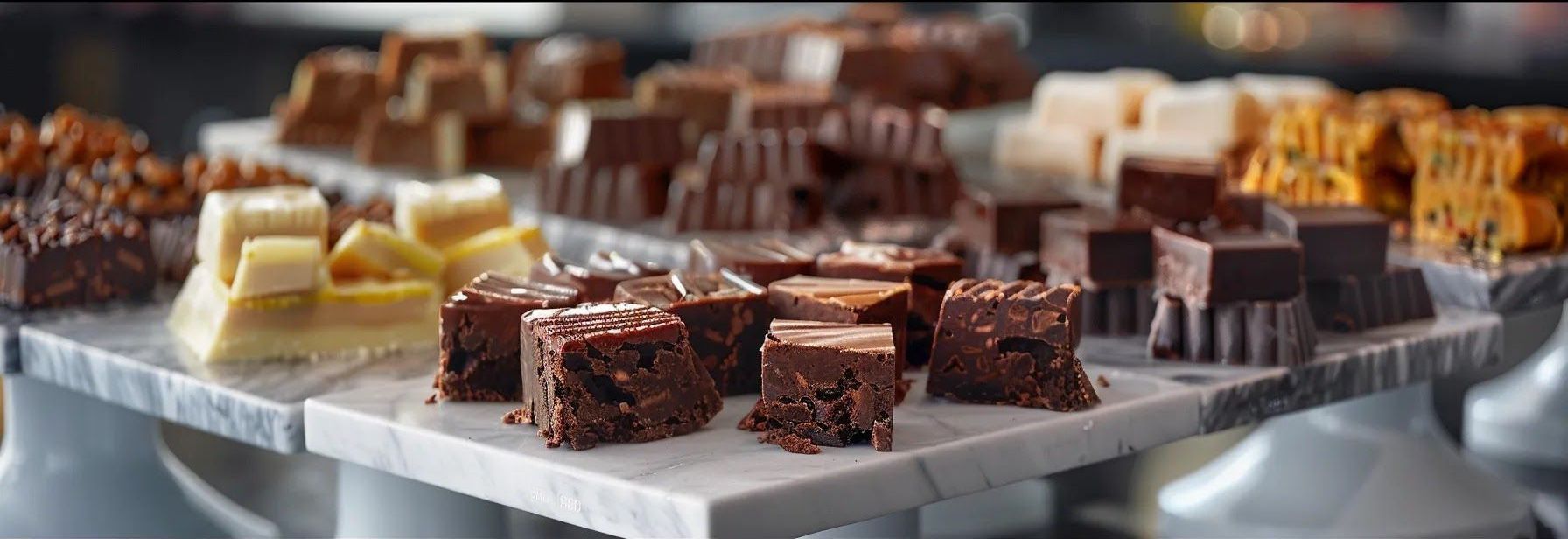 Various fudge flavors, including chocolate and vanilla varieties, arranged on a marble tray.