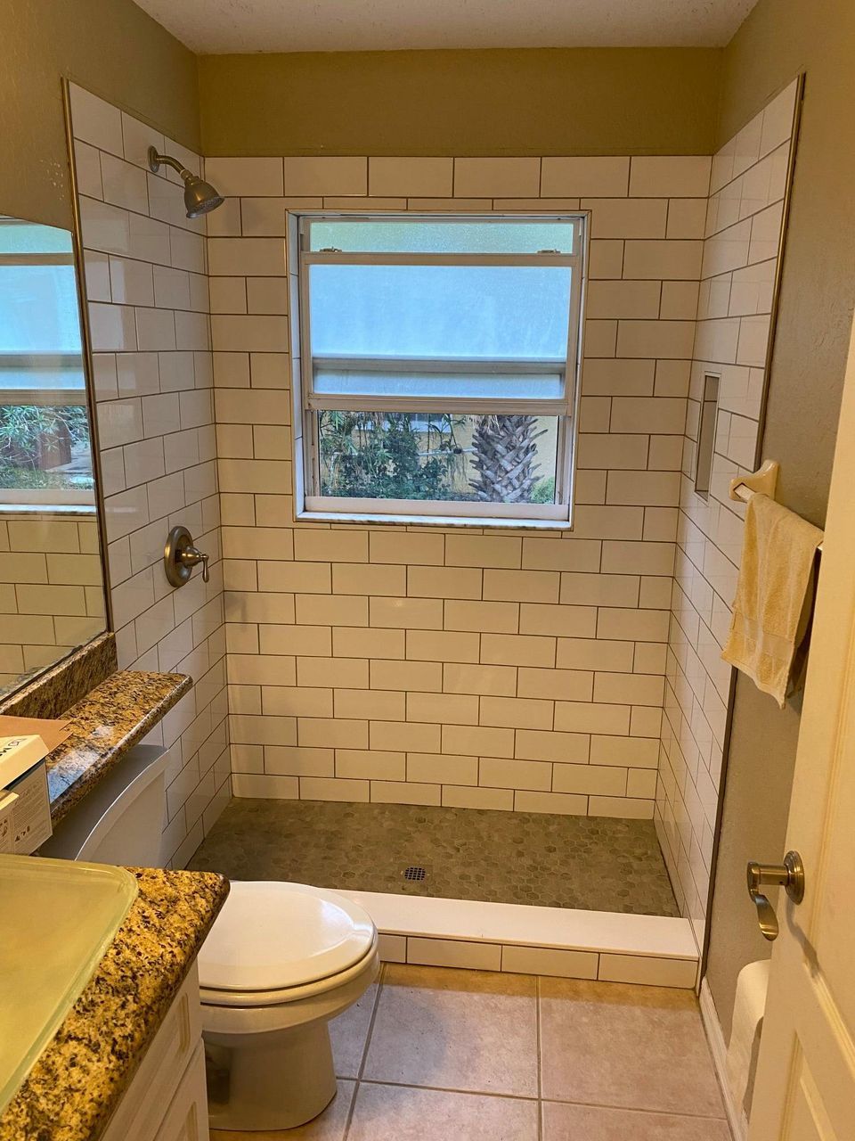 A bathroom with a toilet a sink and a walk in shower