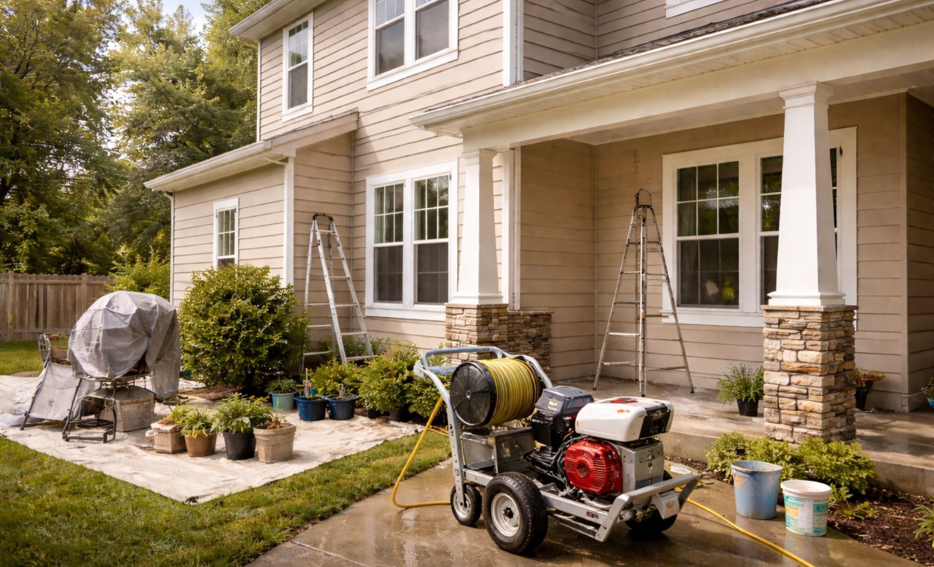 Exterior house preparation for painting, including pressure washing and clearing landscaping near siding