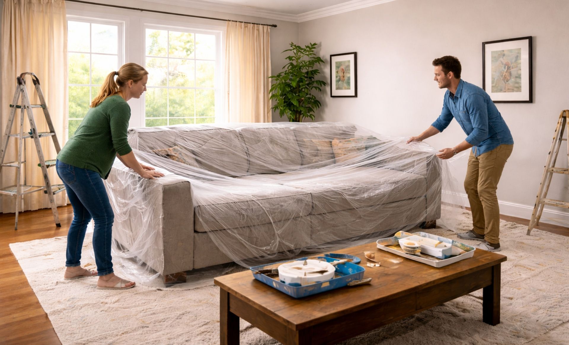 Homeowners preparing a room for interior painting by clearing furniture and décor in a Boise Idaho home