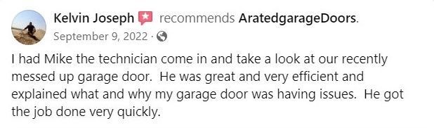 A facebook post from kelvin joseph recommends a rated garage doors.