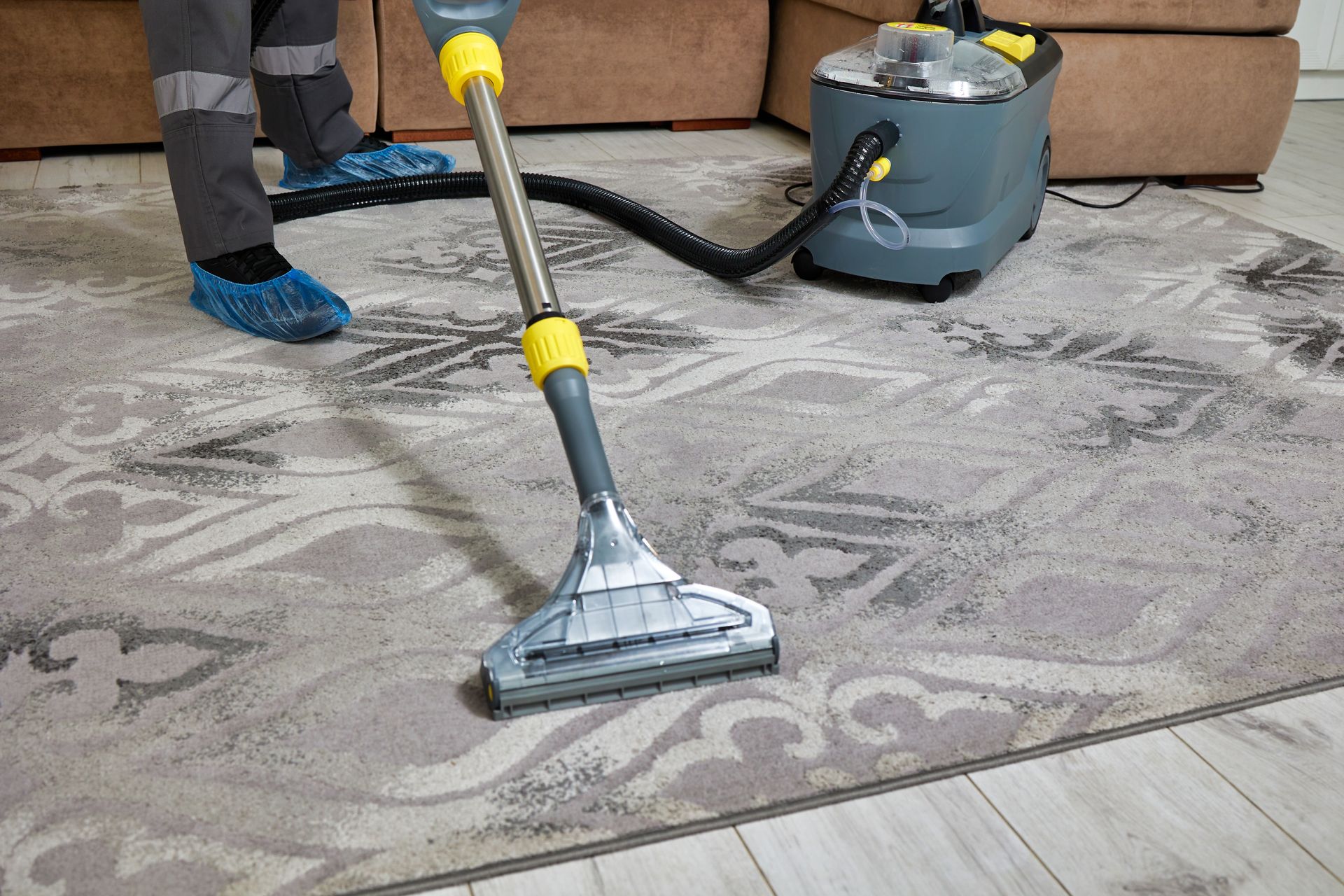 A person is cleaning a rug with a vacuum cleaner.