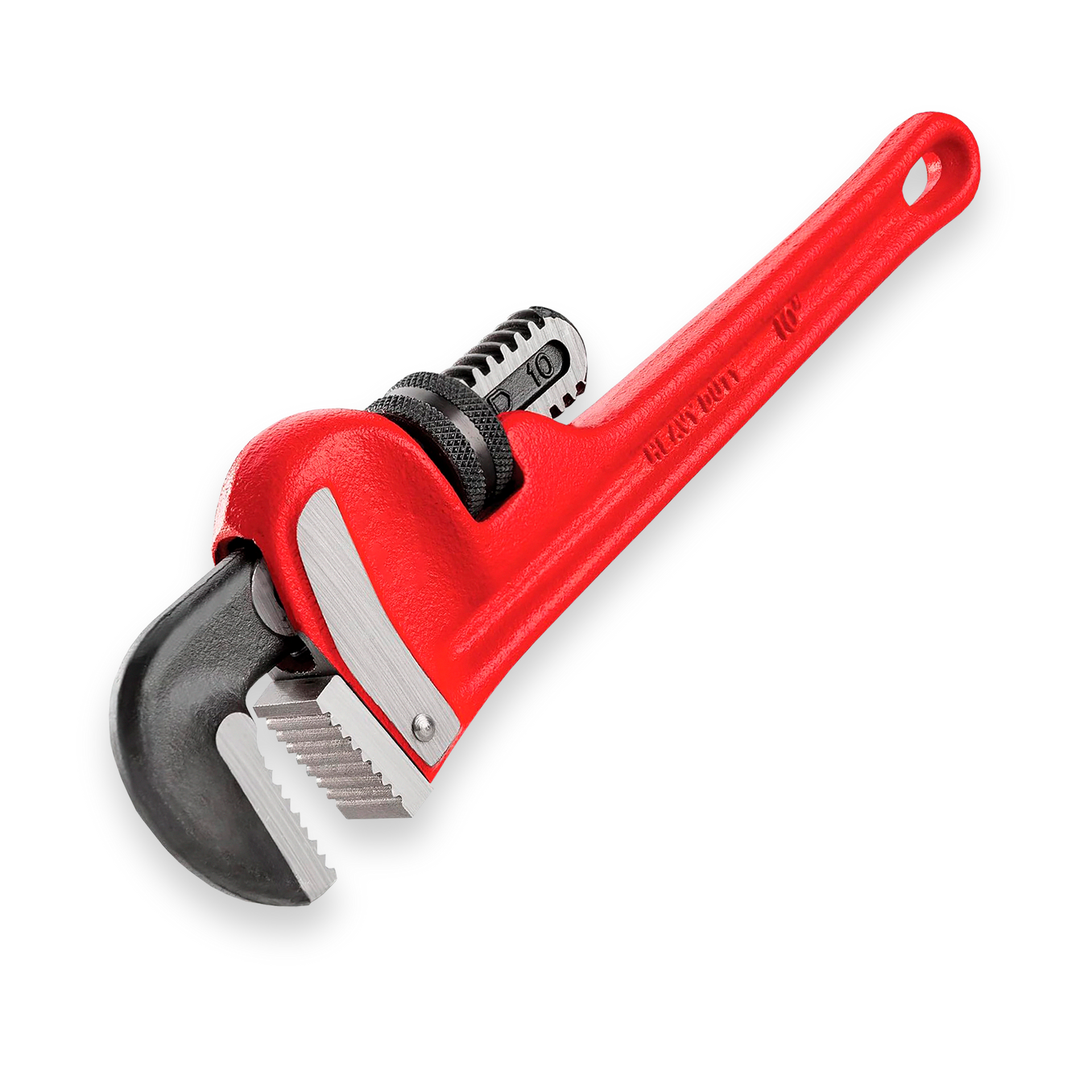 Red pipe wrench angled on a white surface, with black jaws and adjusting nut.