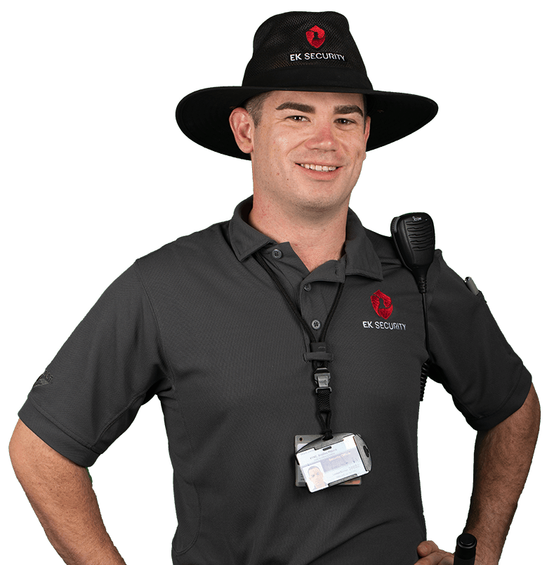 EK Security guard with wide brim hat and raido