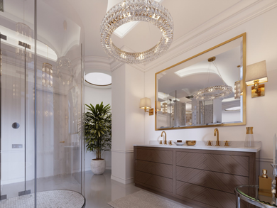 Modern bathroom with vanity and a mirror in a gold frame