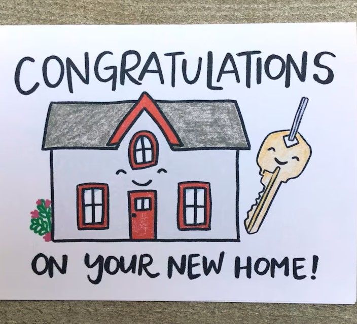 a congratulations on your new home card with a drawing of a house and a key .